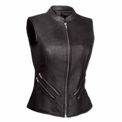 Ladies Soft Black Leather Bikers Waistcoat Vest