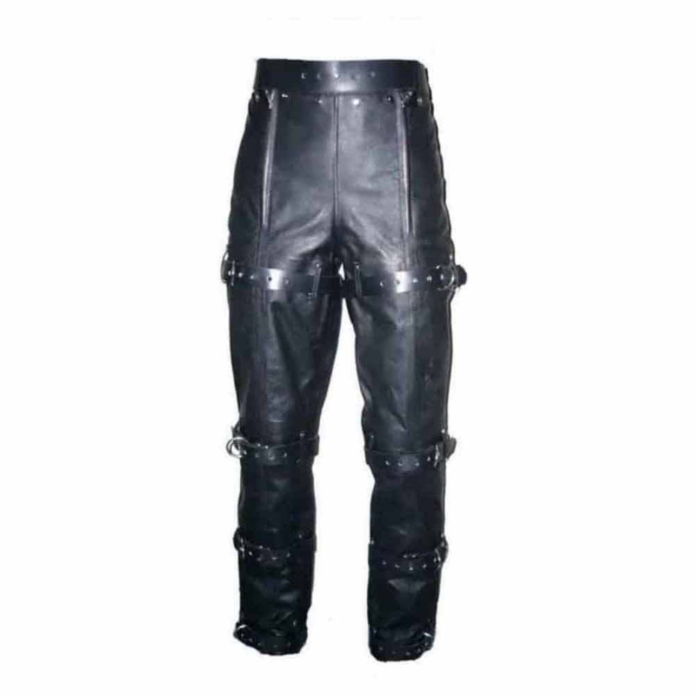 Mens Black Cowhide Leather Locking Bondage Chastity Jeans With Rear Zip CJ