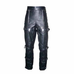 Mens Black Cowhide Leather Locking Bondage Chastity Jeans With Rear Zip CJ