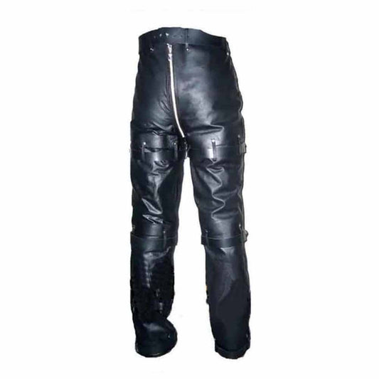 Mens Black Cowhide Leather Locking Bondage Chastity Jeans With Rear Zip CJ