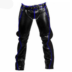 Black leather motorcycle pants with bright blue piping and trim details, shown against a plain white background.