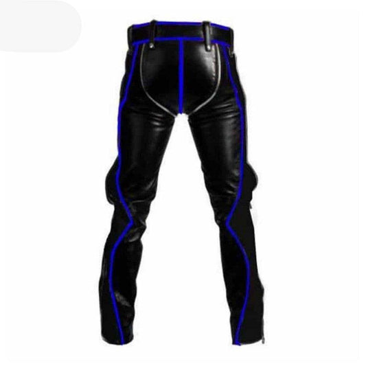 Herren-Bondage-Jeans aus schwarzem Rindsleder mit blauen Paspeln. BLUF-Lederreithose 