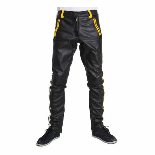 Mens Cowhide Leather Pants Cropped Biker Pants Yellow Stripe Leather Pants Chino Trousers