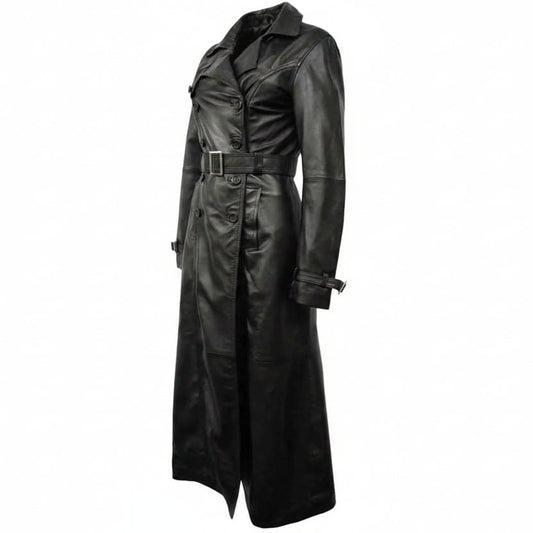 A black leather trench coat with a matching belt and silver buckle, shown on a white background.