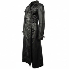 A black leather trench coat with a matching belt and silver buckle, shown on a white background.