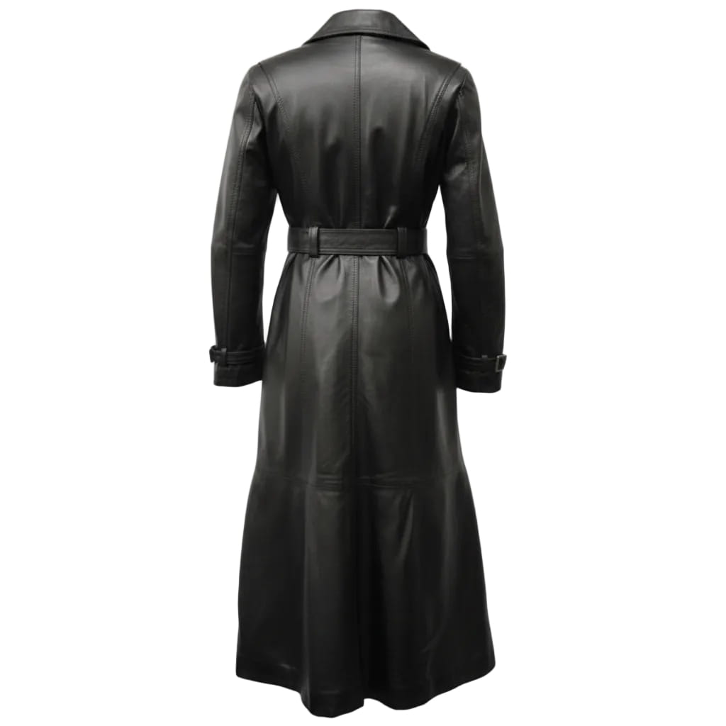 A black leather trench coat with a belted waist, shown from the back on a white background. A circular watermark for 'Leather A Hides' is visible on the lower back of the coat.