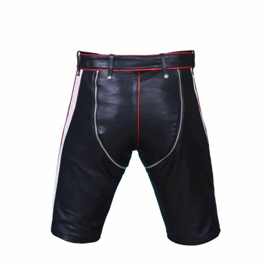 Mens Genuine Cow Leather Black and Red Contrast Chaps Shorts Club wear Shorts