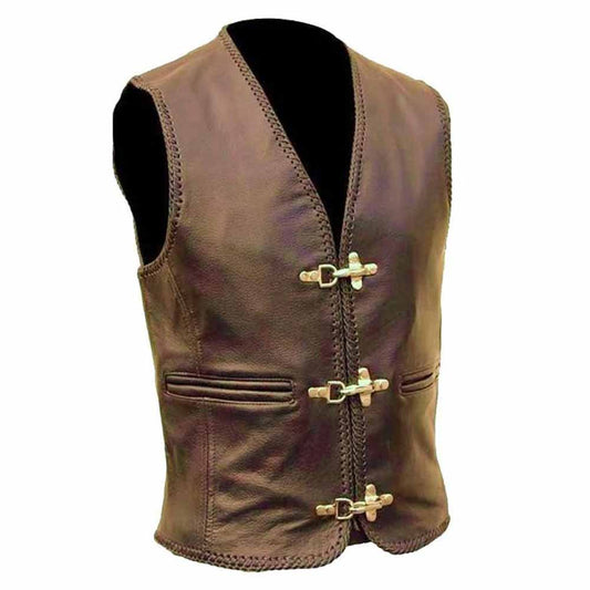 Front three-quarter view of men's dark brown cowhide leather biker waistcoat displaying braided edges, 2 side pockets, and silver airplane clasp closures.