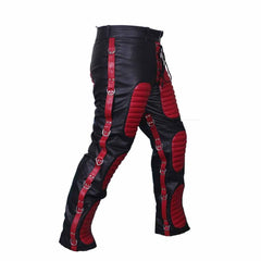 Mens Black Real Cowhide Leather Heavy Duty Bondage Jeans Trousers With Red Contrast