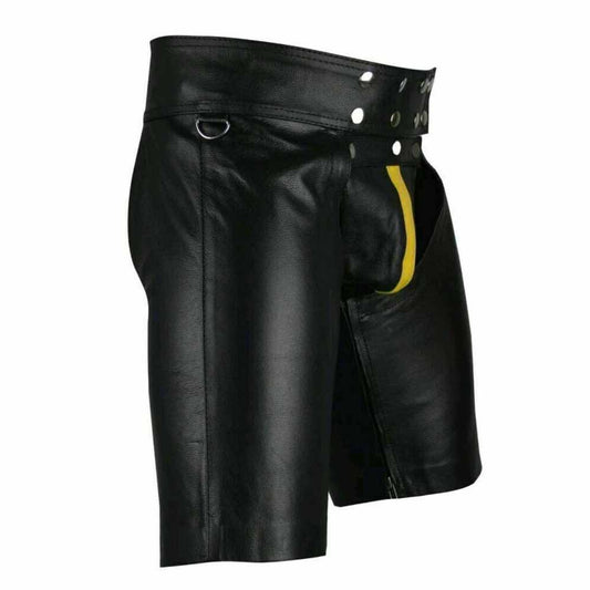 Men's Black Real Cowhide Leather Chaps Shorts Leather Chaps Shorts with Yellow Stripe
