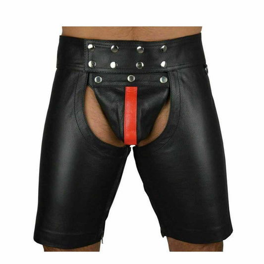 Men's Black Real Cowhide Leather Chaps Shorts Leather Chaps Shorts with Red Stripe