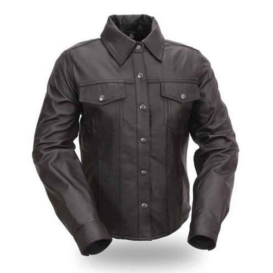 A black leather shirt with a button-down front, pointed collar, and two chest flap pockets, shown on a white background.