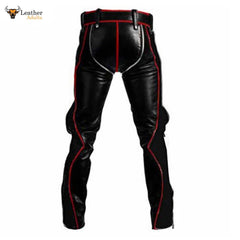 Mens Black Cowhide Leather Bondage Jeans With Red Piping BLUF Leder Breeches