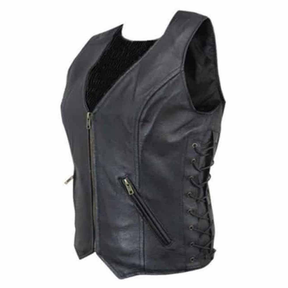 Ladies Soft Leather Waistcoat Vest With Detailed Side Lacing Biker Style Vest