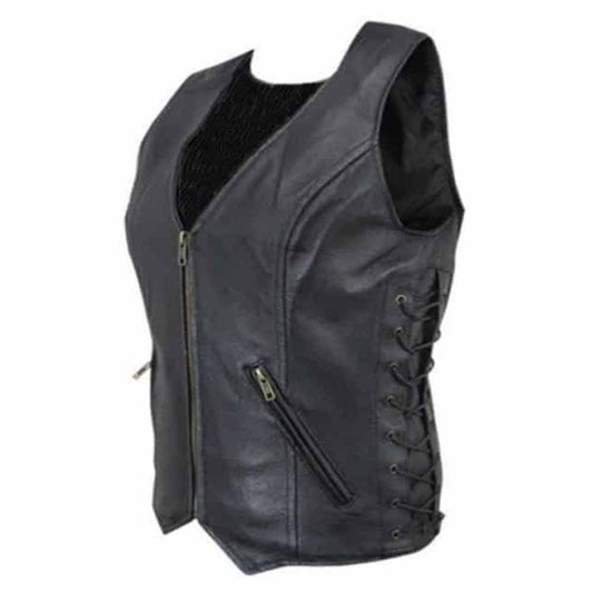 Ladies Soft Leather Waistcoat Vest With Detailed Side Lacing Biker Style Vest