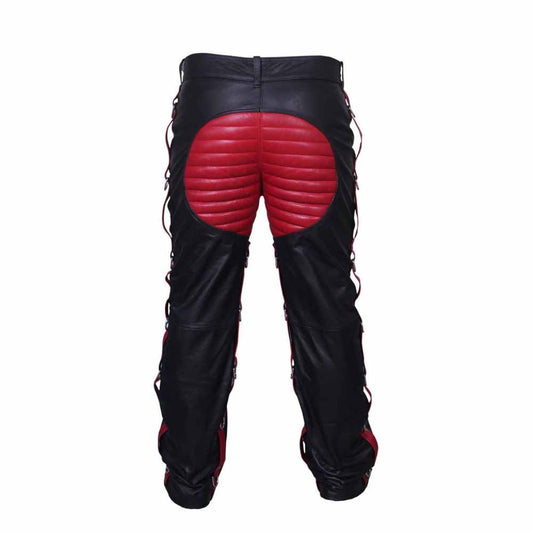 Mens Black Real Cowhide Leather Heavy Duty Bondage Jeans Trousers With Red Contrast
