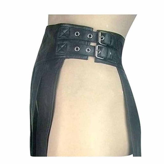 Mens Black Real Leather Full Pleated Kilt – K2