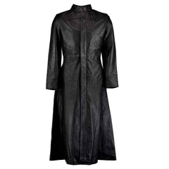 Full-length front view of a men's black top-grain cowhide leather Matrix gothic trench coat featuring a neck popper collar and flared skirt.