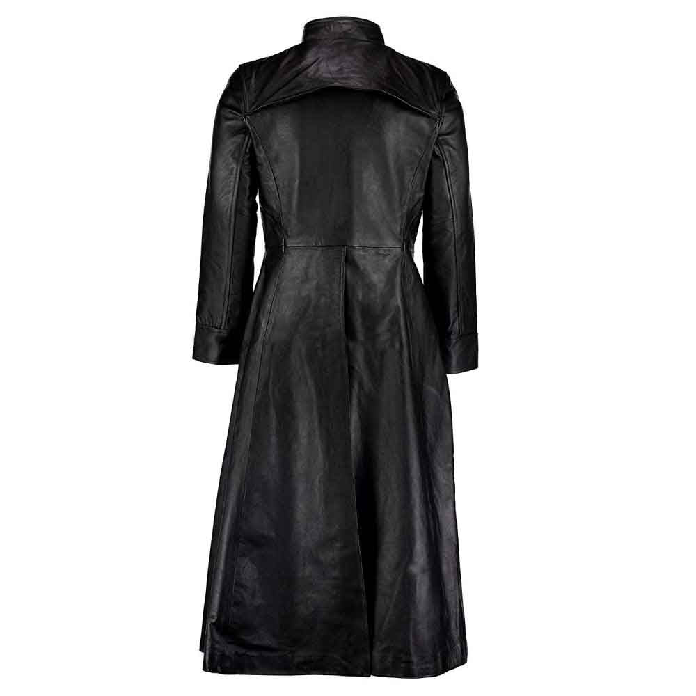 Back view of a men's black leather Van Helsing steampunk coat showing a high-flare lower hem, shoulder cape seam, and rear center vent.