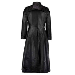 Back view of a men's black leather Van Helsing steampunk coat showing a high-flare lower hem, shoulder cape seam, and rear center vent.