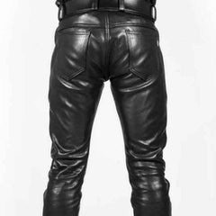Mens Real Leather Black Slim BLUF Trousers Gay Trousers Jeans Pants Breeches