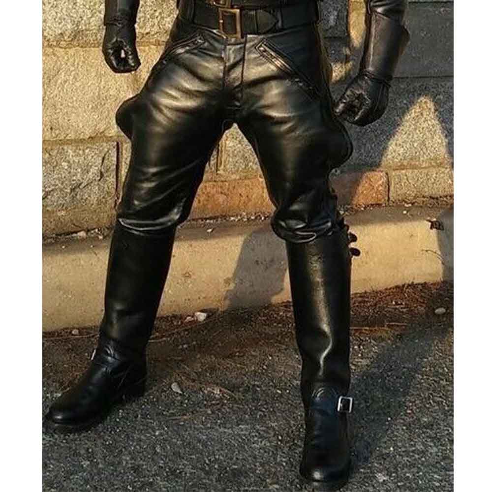 Mens Black Genuine Soft Cowhide Leather Breeches BLUF Pants