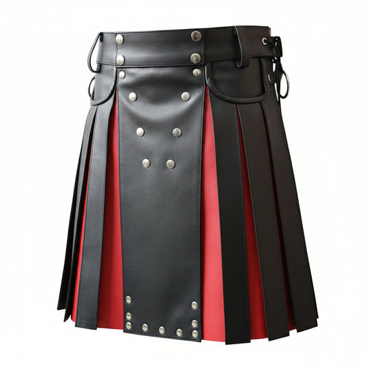 Mens Black and Red Real Leather Gladiator Pleated Utility Kilt Flat Front Pocket Wrap