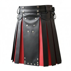 Mens Black and Red Real Leather Gladiator Pleated Utility Kilt Flat Front Pocket Wrap