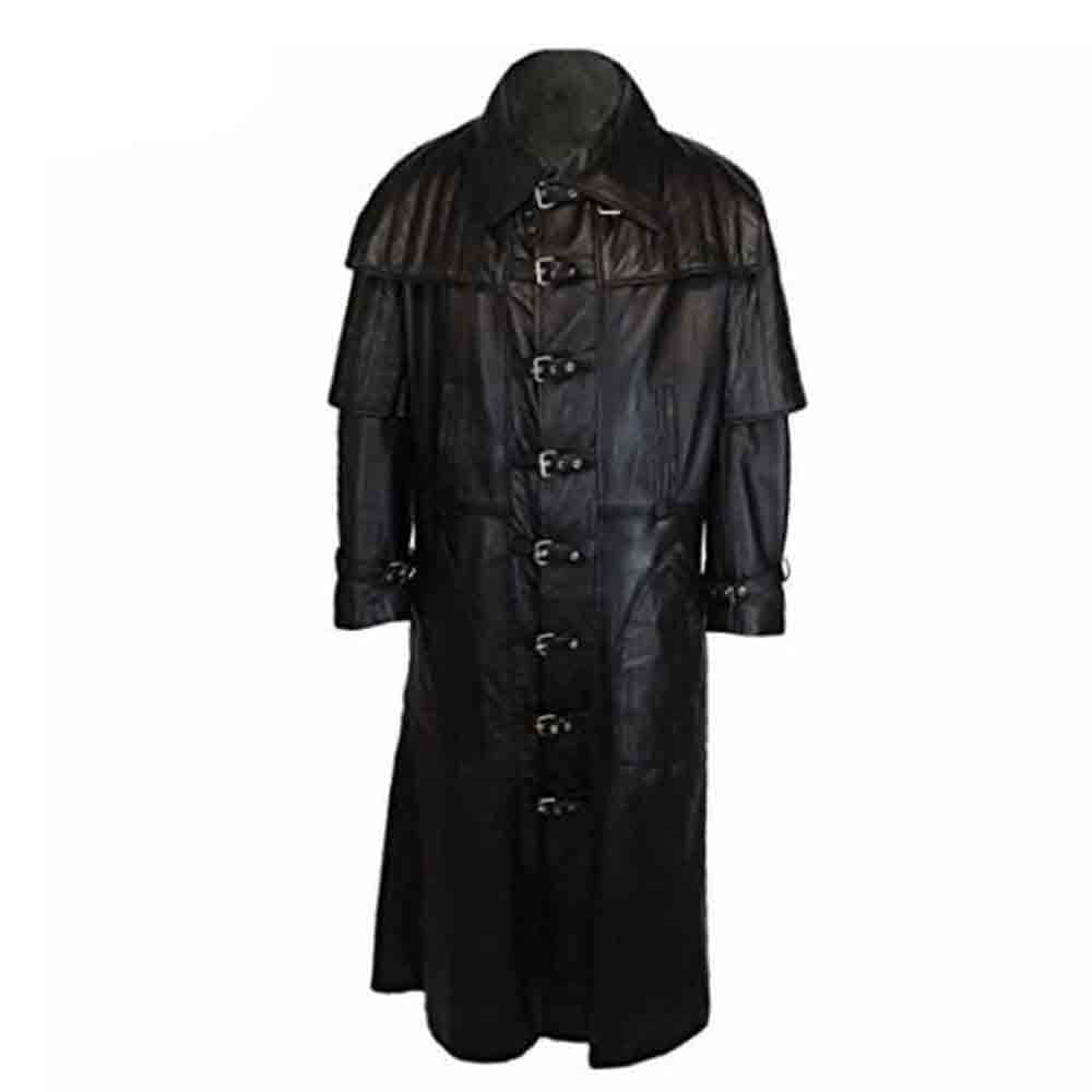 Handmade men's black leather gothic trench coat in Van Helsing style featuring 9 silver buckle closures and a full-length fit.