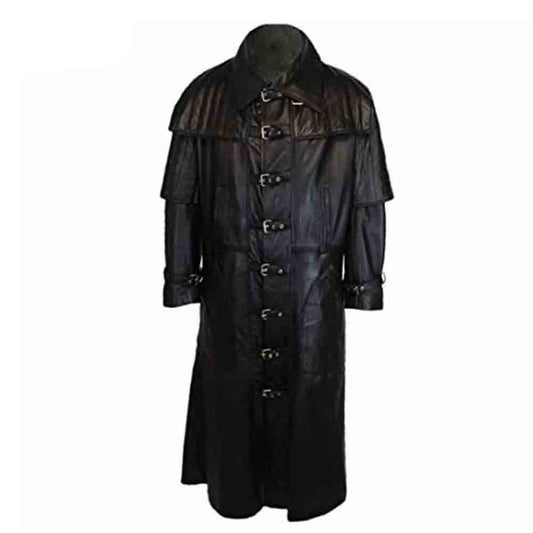 Handmade men's black leather gothic trench coat in Van Helsing style featuring 9 silver buckle closures and a full-length fit.