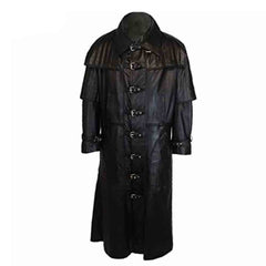 Handmade men's black leather gothic trench coat in Van Helsing style featuring 9 silver buckle closures and a full-length fit.