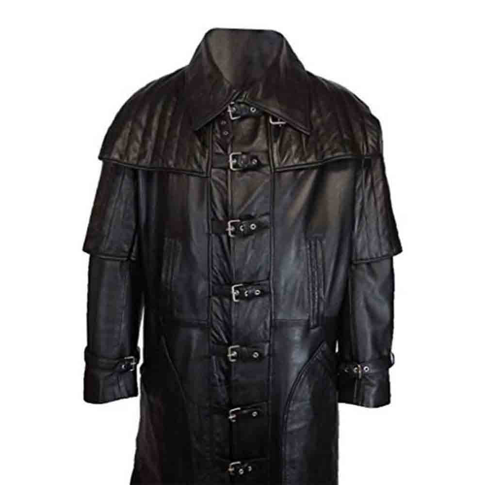 Stitched quilted shoulder cape and high lapel collar on a men's black steampunk gothic leather coat.