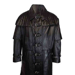 Stitched quilted shoulder cape and high lapel collar on a men's black steampunk gothic leather coat.