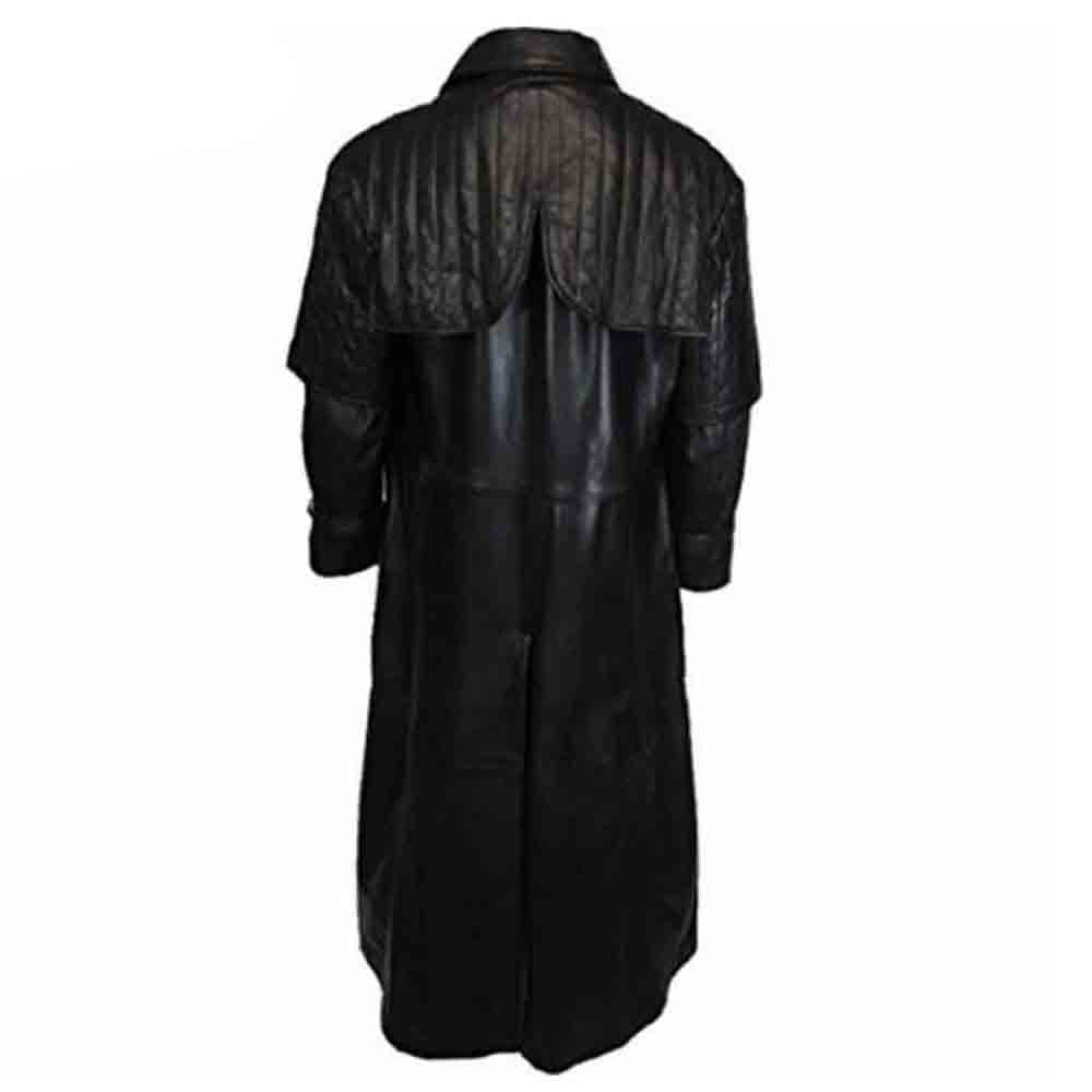 Back view of men's full-length black leather Van Helsing duster coat showing the layered quilted shoulder cape design.