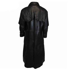 Back view of men's full-length black leather Van Helsing duster coat showing the layered quilted shoulder cape design.