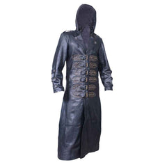 Full-length front view of a men's black real leather Matrix steampunk trench coat featuring a detachable hood and studded buckles.
