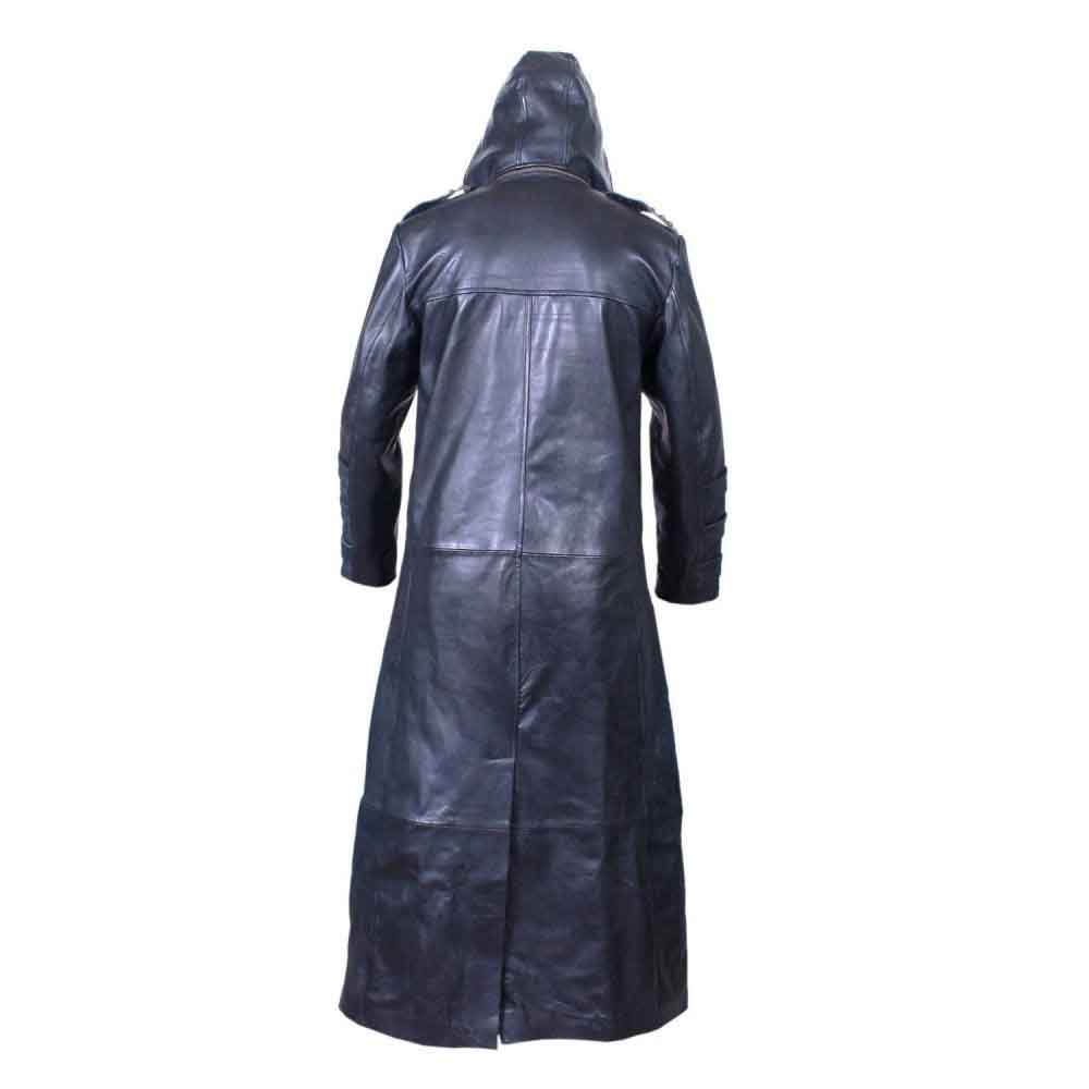 Back view of a full-length men's black leather Van Helsing duster coat showing high-flare skirt tailoring and hood.