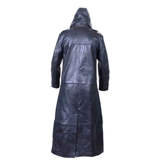 Back view of a full-length men's black leather Van Helsing duster coat showing high-flare skirt tailoring and hood.