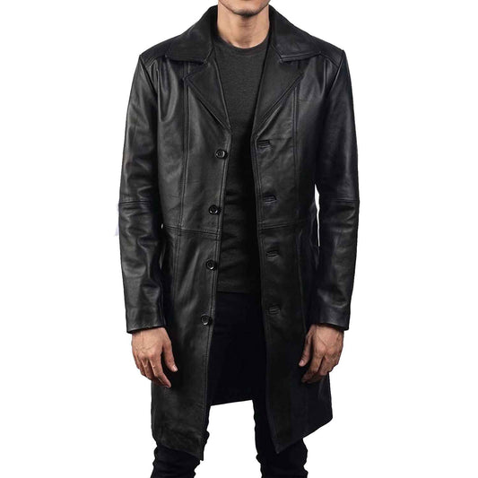 Front view of a men's black real cowhide leather Matrix trench coat featuring a button-up front and notch lapels.