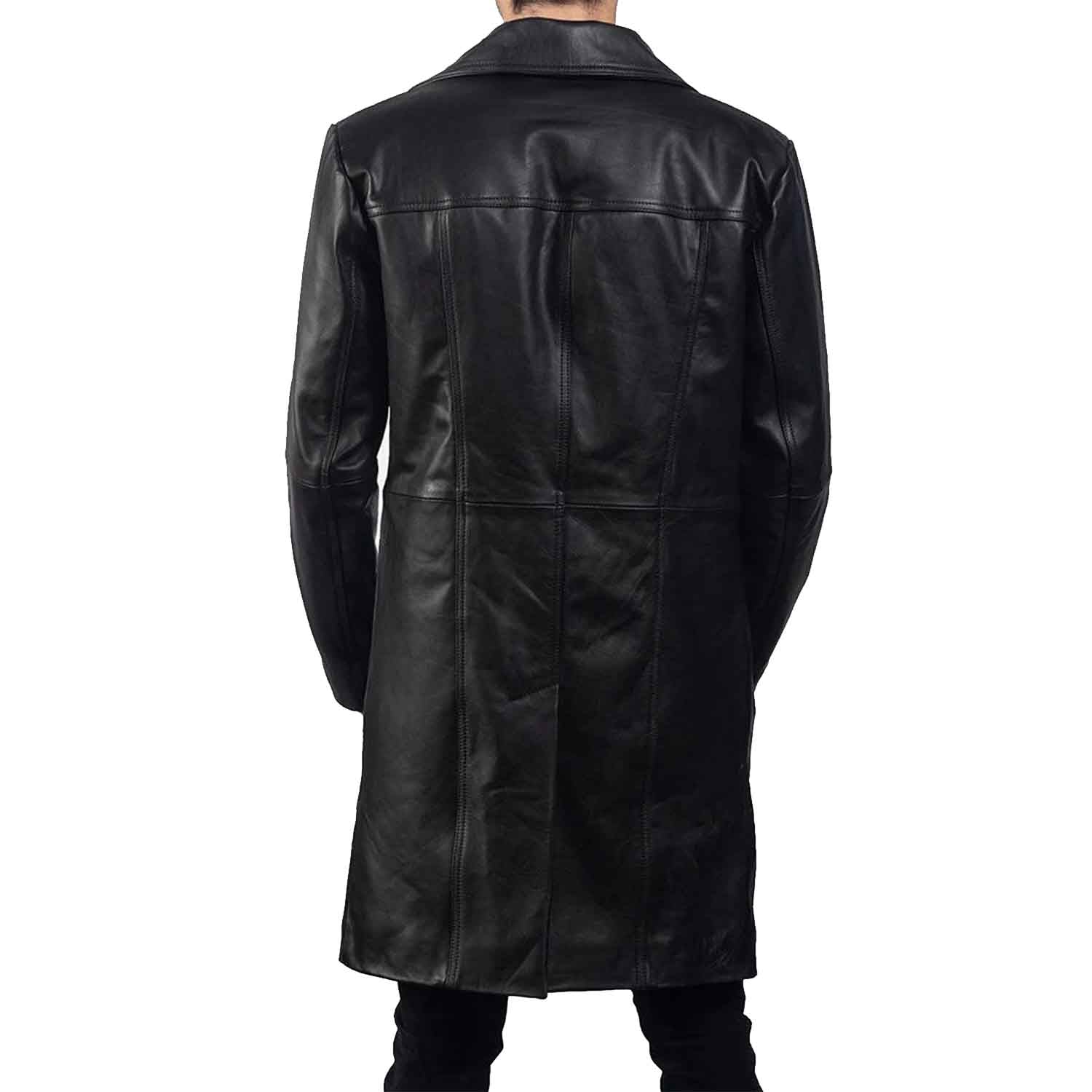 Back view of a men's black leather gothic winter coat displaying structured panel stitching and shoulder seam construction.