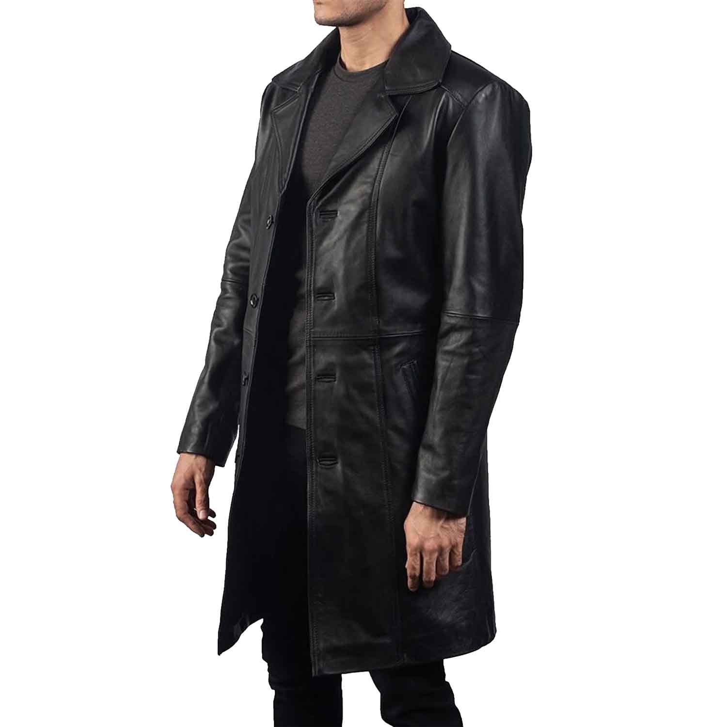 Three-quarter side angle of a men's real black cowhide leather duster coat showing side pocket placement and button closure.