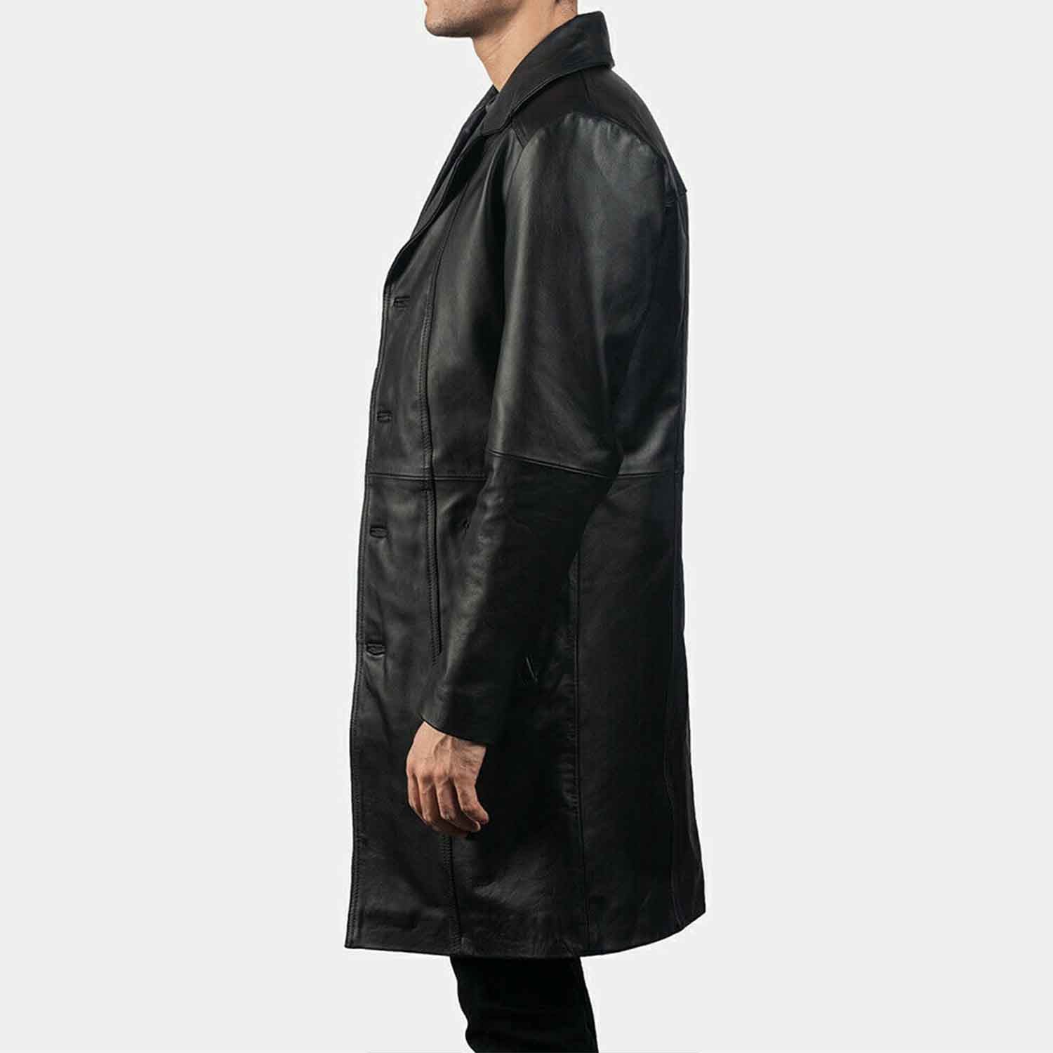 Side profile view of a men's black steampunk matrix leather coat highlighting sleeve stitching and mid-thigh length.
