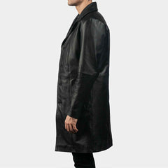 Side profile view of a men's black steampunk matrix leather coat highlighting sleeve stitching and mid-thigh length.