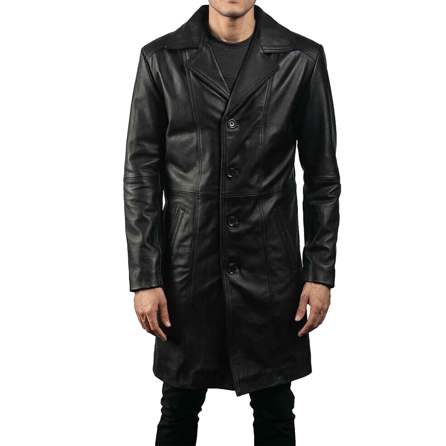 Cropped front view of a men's black real leather gothic jacket detailing the front button layout and chest lapels.
