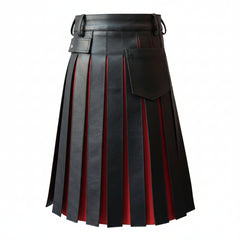 Mens Black and Red Real Leather Gladiator Pleated Utility Kilt Flat Front Pocket Wrap
