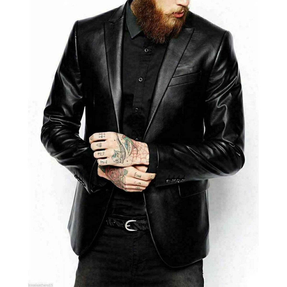 Mens Black Two Button Pure Lambskin Leather Blazer Slim Fit Coat