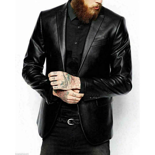 Mens Black Two Button Pure Lambskin Leather Blazer Slim Fit Coat