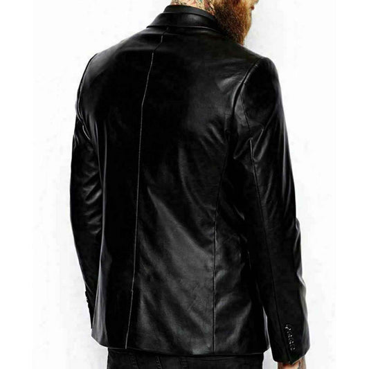 Mens Black Two Button Pure Lambskin Leather Blazer Slim Fit Coat