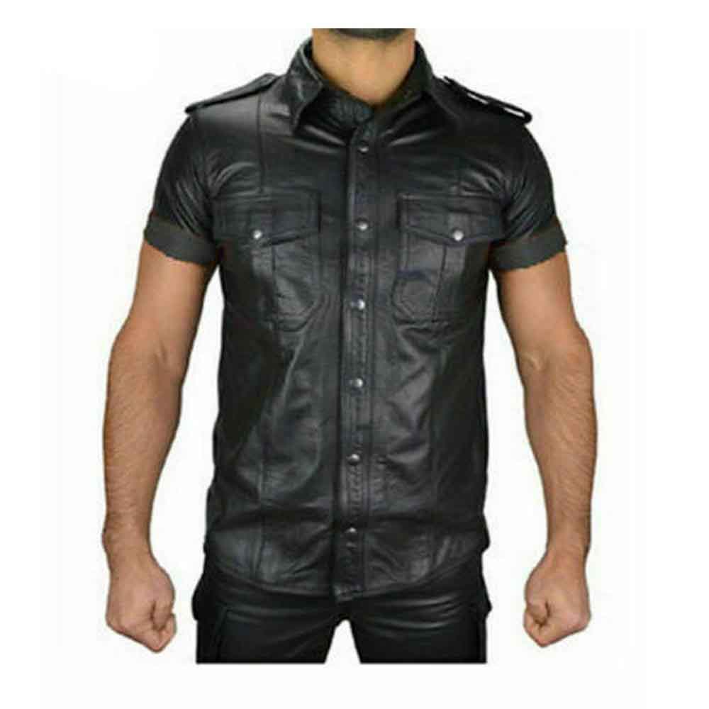 Mens Boys Hot Police Uniform Shirt Genuine Soft Lambskin Leather Shirt