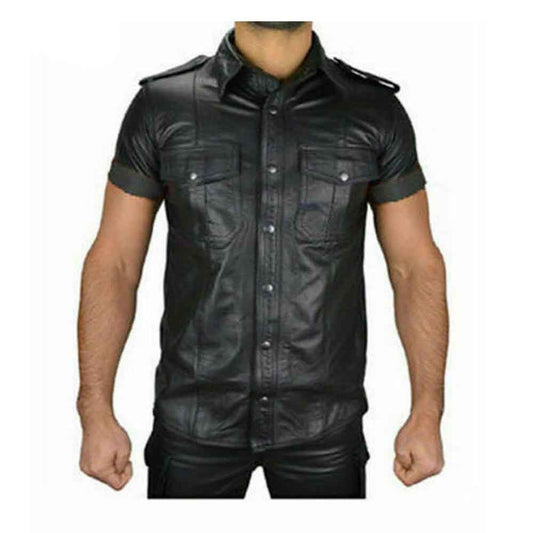 Mens Boys Hot Police Uniform Shirt Genuine Soft Lambskin Leather Shirt